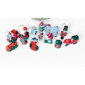 VTG Wooden Christmas Ornaments Lot Crackle Paint Erzgebirge Style 12 Pc Train